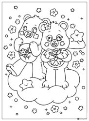 Care Bears Coloring Page on clouds with flowers and happy stars
