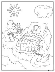 Care Bears Coloring Page with Bear in Bed and Food