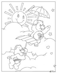 Care Bears Coloring Page with Umbrellas and Sun