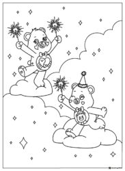Care Bears Coloring Page with two bears and sparklers on clouds