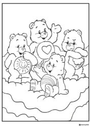 Care Bears Group Coloring Page on Clouds