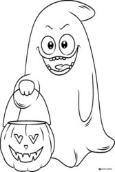 Cartoon ghost with trick or treat pumpkin coloring page