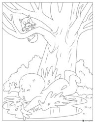 Casper Coloring Page with Cat in Tree and Puddle