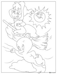 Casper and Wendy Coloring Page Flying with Sun