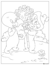 Casper and Wendy Coloring Page with Flowers