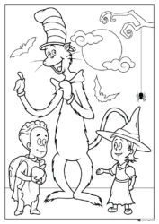 Cat in the Hat and Children Halloween Coloring Page