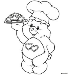 Chef Care Bear Coloring Page holding a plate of hearts