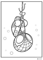 Chibi Spidey Coloring Page hanging upside down from a web