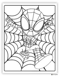 Chibi Spidey Coloring Page on a large spider web