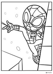 Chibi Spidey Coloring Page swinging on a web