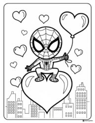 Chibi Spidey Coloring Page with hearts and city skyline