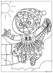 Chibi Spidey Coloring Sheet in a festive outfit on a web