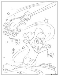 Child Witch Coloring Page with Flying Broomstick and Flowers