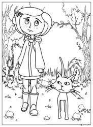 Coraline and Cat outdoor scene coloring sheet