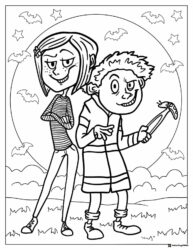 Coraline and Wybie under full moon Coloring Page