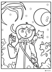Coraline and cat at night Coloring Page