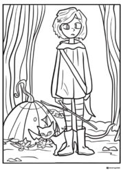 Coraline and cat with pumpkin Coloring Page