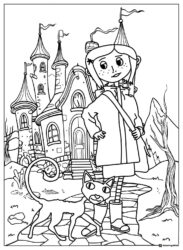 Coraline cat and Pink Palace Coloring Page