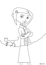 Coraline with arms crossed and cat Coloring Page