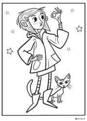 Coraline with button and cat Coloring Page