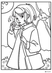 Coraline with cat and moon Coloring Page