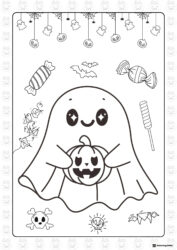 Cute Ghost Coloring Page Holding Pumpkin with Candy