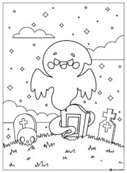 Cute Ghost Coloring Page in Graveyard with Clouds