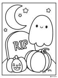 Cute Ghost Coloring Page with Tombstone and Pumpkins