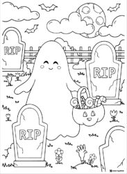 Cute Ghost Trick or Treating Coloring Page in Graveyard