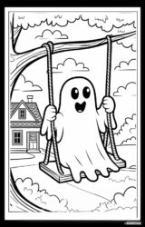 Cute Ghost on Swing Coloring Page in front of House