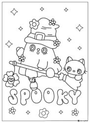 Cute ghost witch with cat on broom coloring page