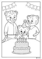 Daniel Tigers birthday Coloring Page with family and cake