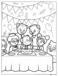 Daniel Tigers birthday Coloring Page with friends and cake