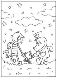Dog Man Cat and small cat under stars coloring page