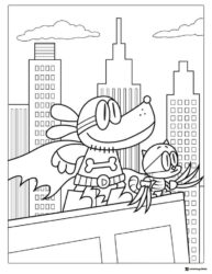 Dog Man and Cat Kid on a city building coloring page