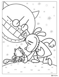 Dog Man and a small cat on snowy ground coloring page