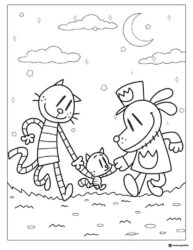 Dog Man and two cats walking at night coloring page