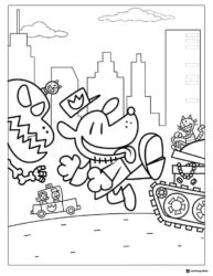 Dog Man and villains in city coloring page