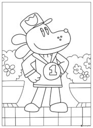 Dog Man with medal in garden coloring page