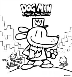 Dog Man with two kitties coloring page