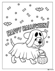 Dog in Ghost Costume Coloring Page with Bones