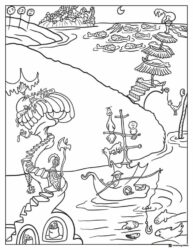 Dr. Seuss Landscape with Boat and Characters Coloring Sheet