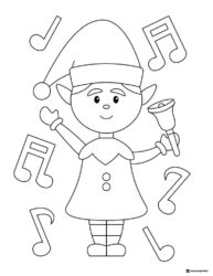 Elf Coloring Sheet Ringing Bell with Music Notes