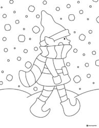 Elf Coloring Sheet Walking in Snow with Scarf