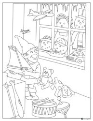 Elf Coloring Sheet with Sailboat and Toys
