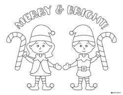 Elf Duo Coloring Page with Candy Canes and Merry Bright