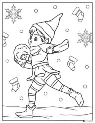 Elf Throwing Snowball Coloring Page with Stockings and Snowflakes