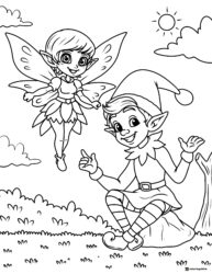 Elf and fairy coloring page with sun and clouds