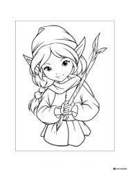 Elf girl coloring page holding a wooden staff