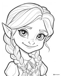 Elf girl coloring page with braided hair and freckles